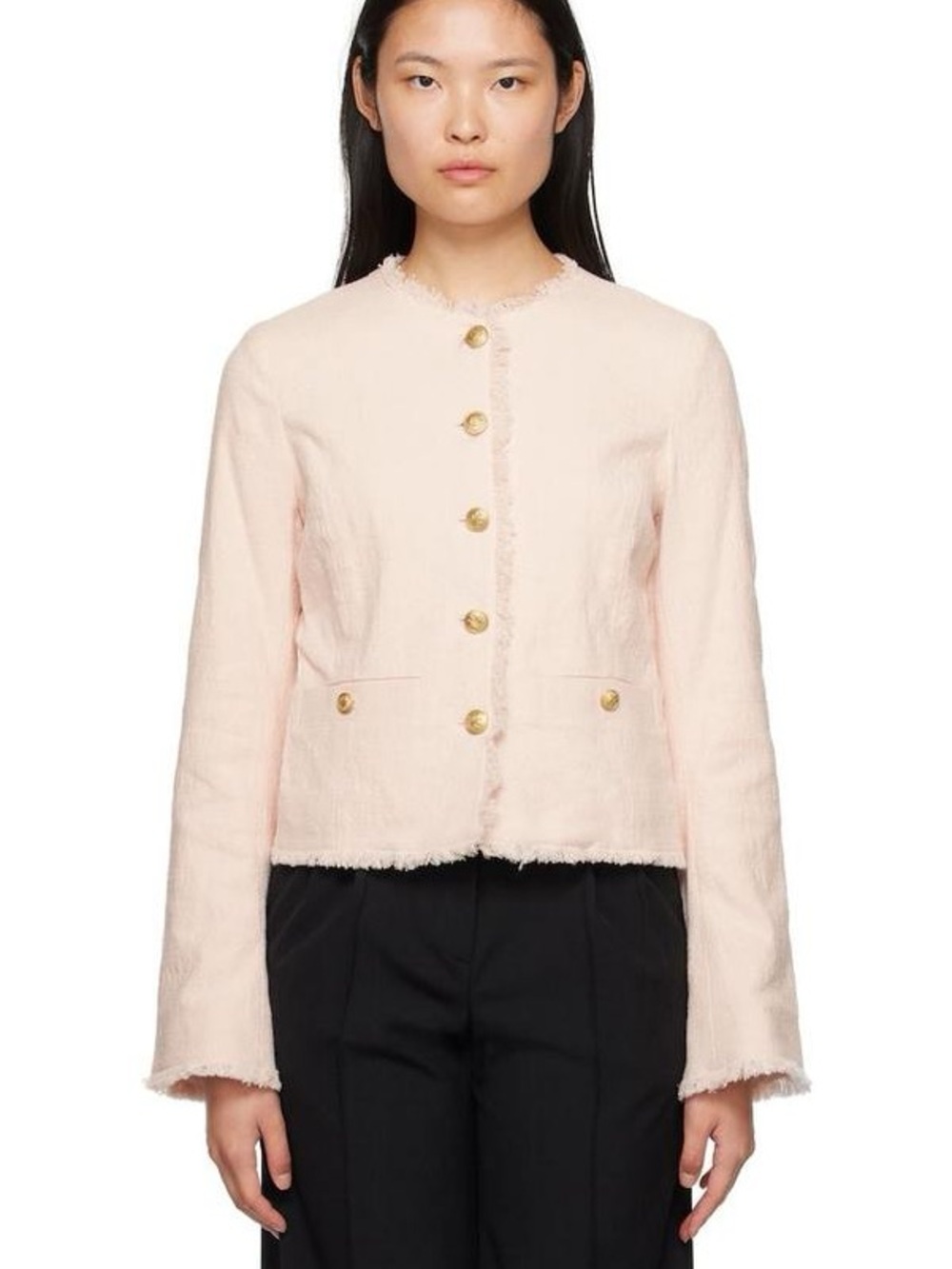 rag & bone Carmen Tweed Light Pink Fringe Jacket Size 10 Gold Buttons